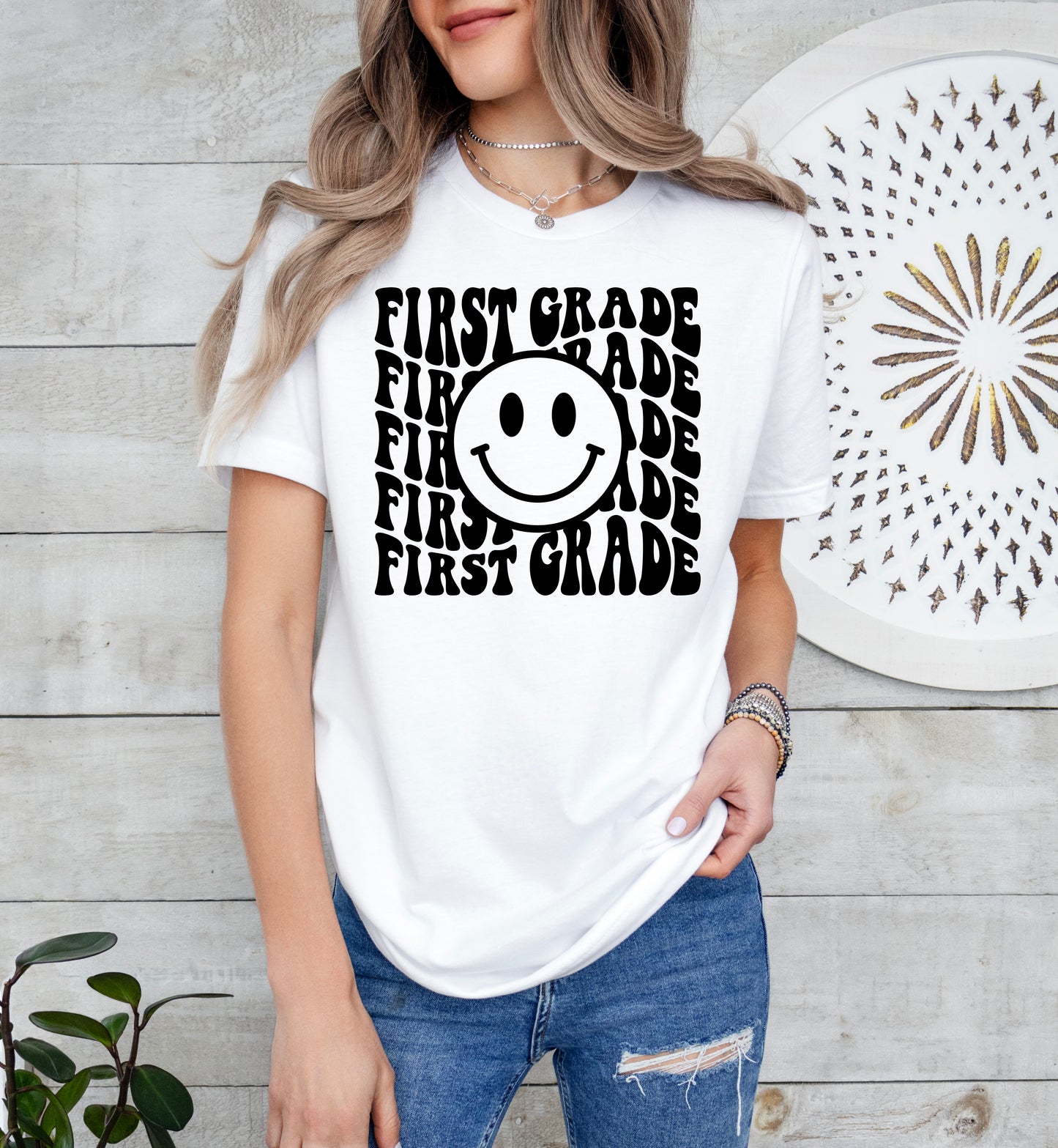 Retro Wave First Grade Teacher Shirt | Light Garment