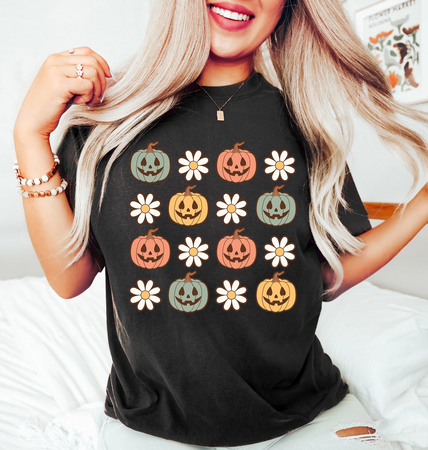 Pumpkins and Daisies Vintage Style Halloween Shirt