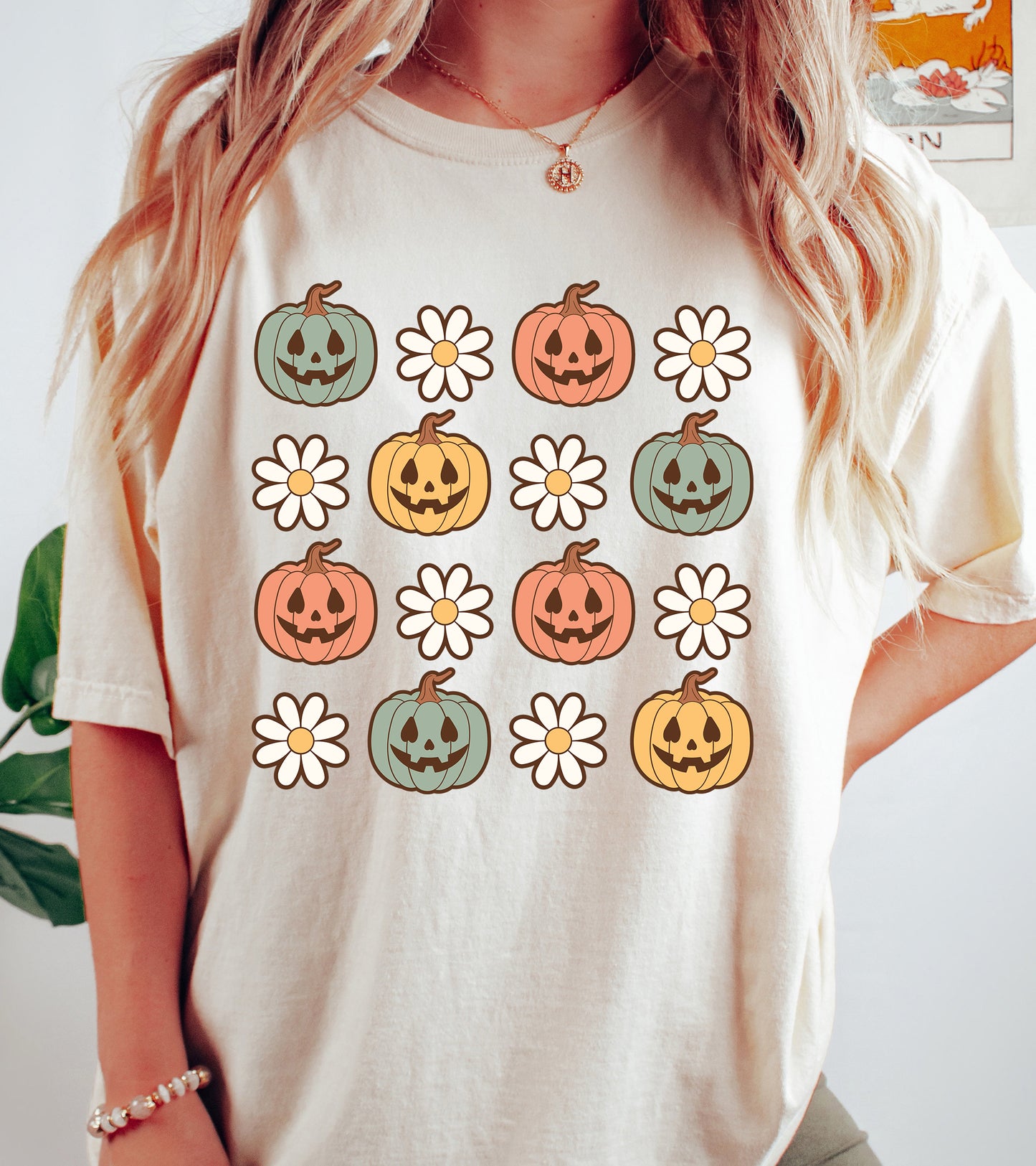 Pumpkins and Daisies Vintage Style Halloween Shirt