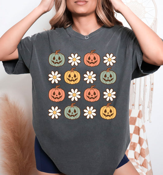 Pumpkins and Daisies Vintage Style Halloween Shirt