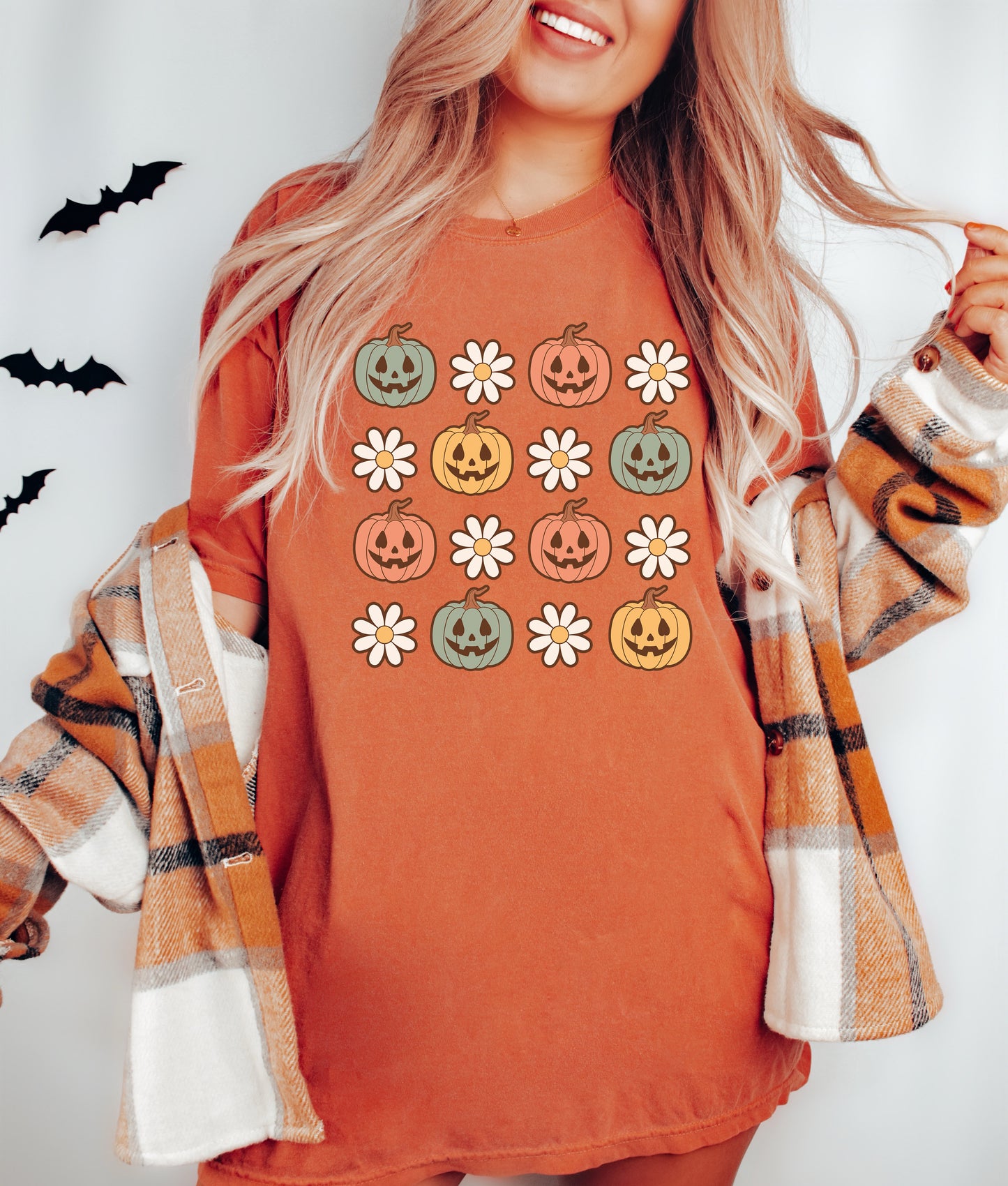 Pumpkins and Daisies Vintage Style Halloween Shirt