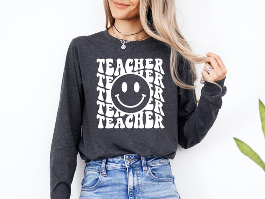 Retro Wave Teacher Shirt Long Sleeve | Long Sleeve Teacher Shirt