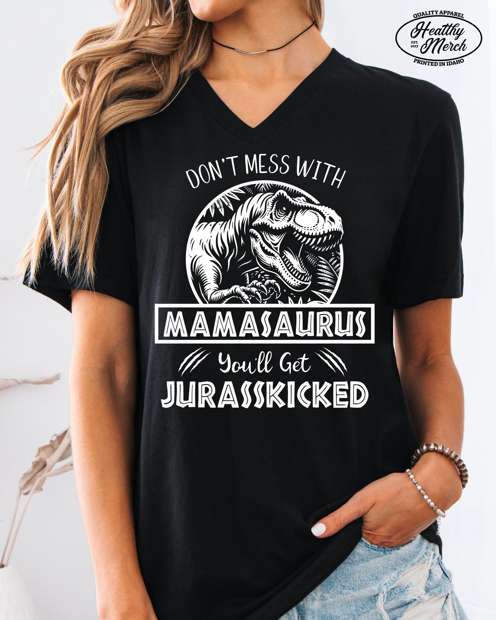 Jurassic Mamasaurus Dinosaur Mom Shirt V-Neck - Image 4