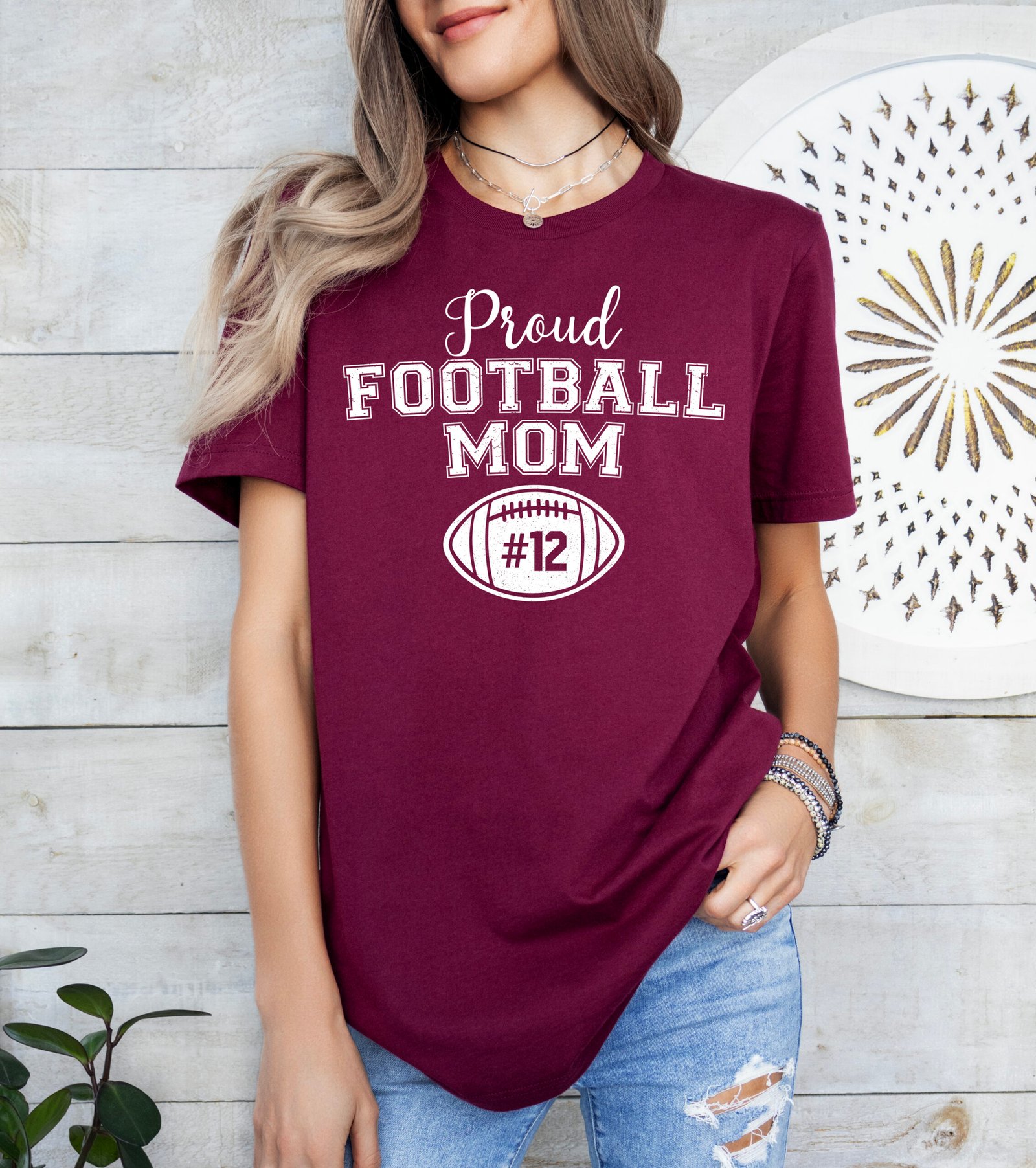 Personalized Proud Football Mom Shirt Stylish Crew Neck Tee - Image 1