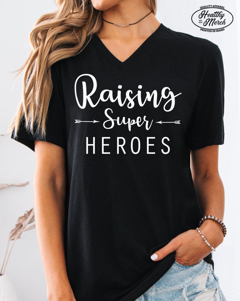 Raising Super Heroes Mom Shirt V-Neck