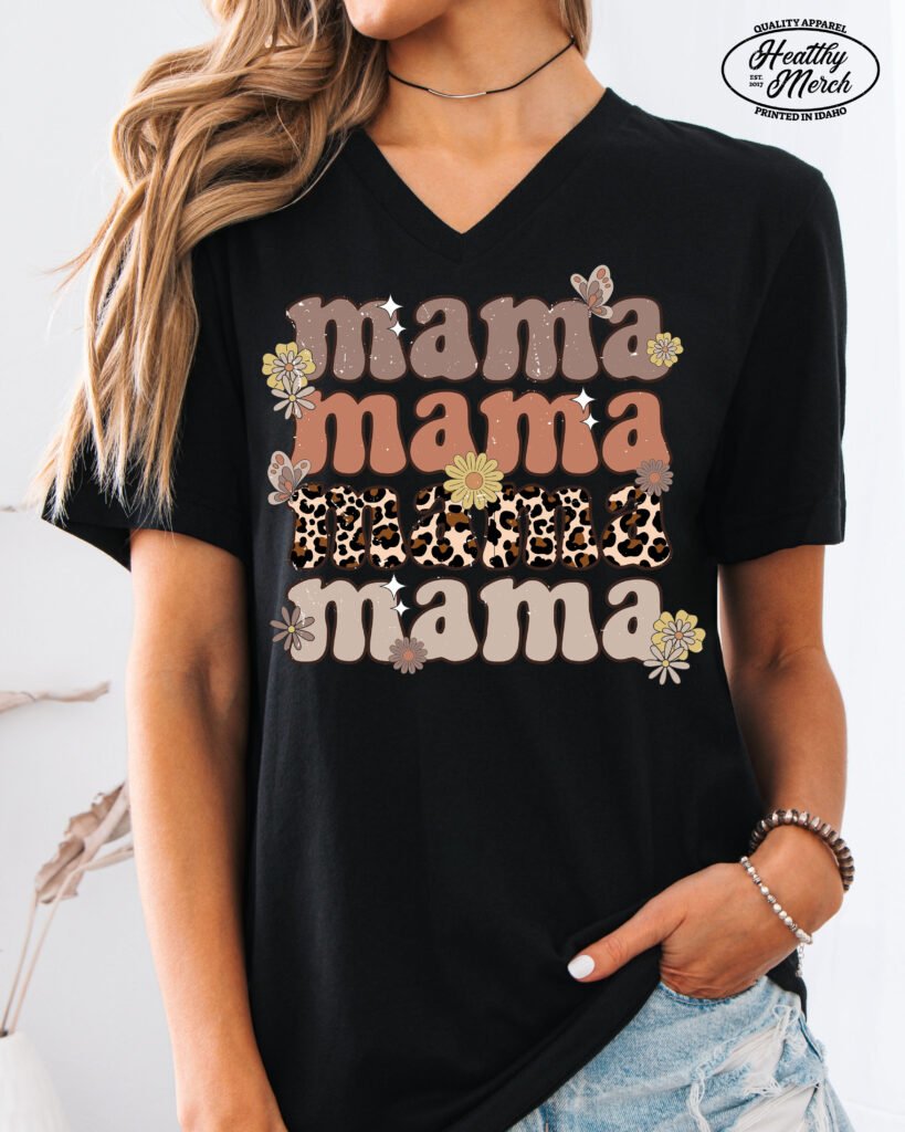 Retro Flower and Butterflies Mom Shirt V-Neck