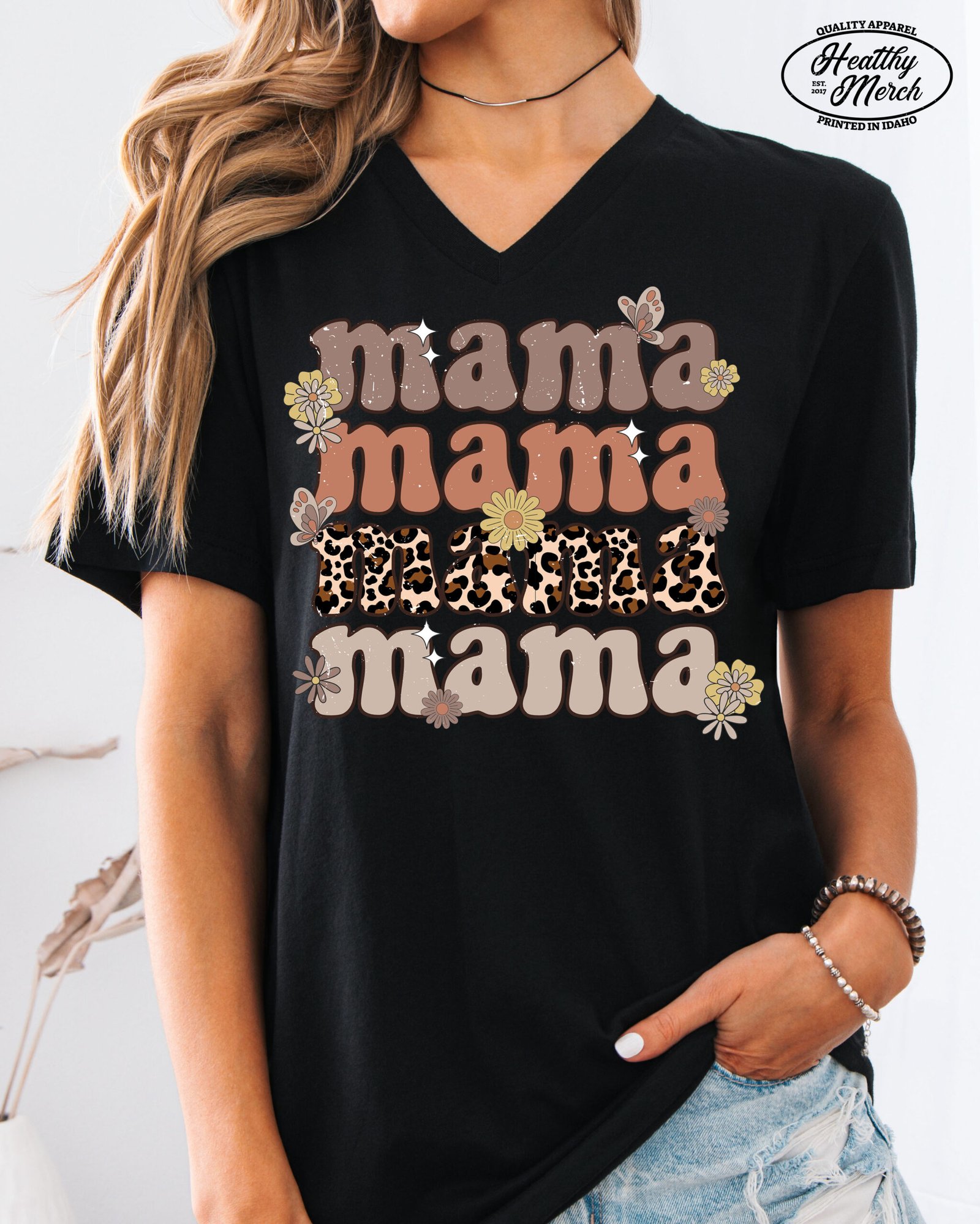Retro Flower and Butterflies Mom Shirt V-Neck - Image 1
