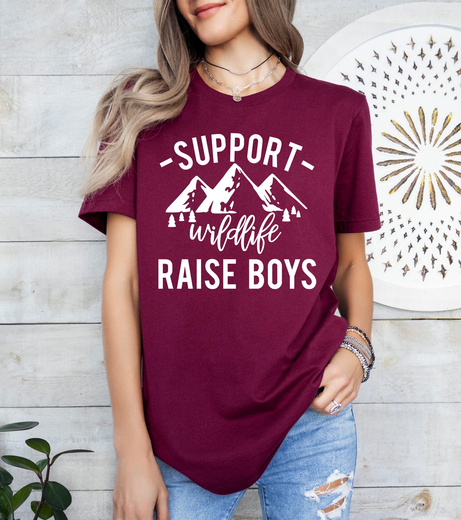 Support Wildlife Raise Boys Mom Shirt Stylish Crew Neck Tee - Image 8